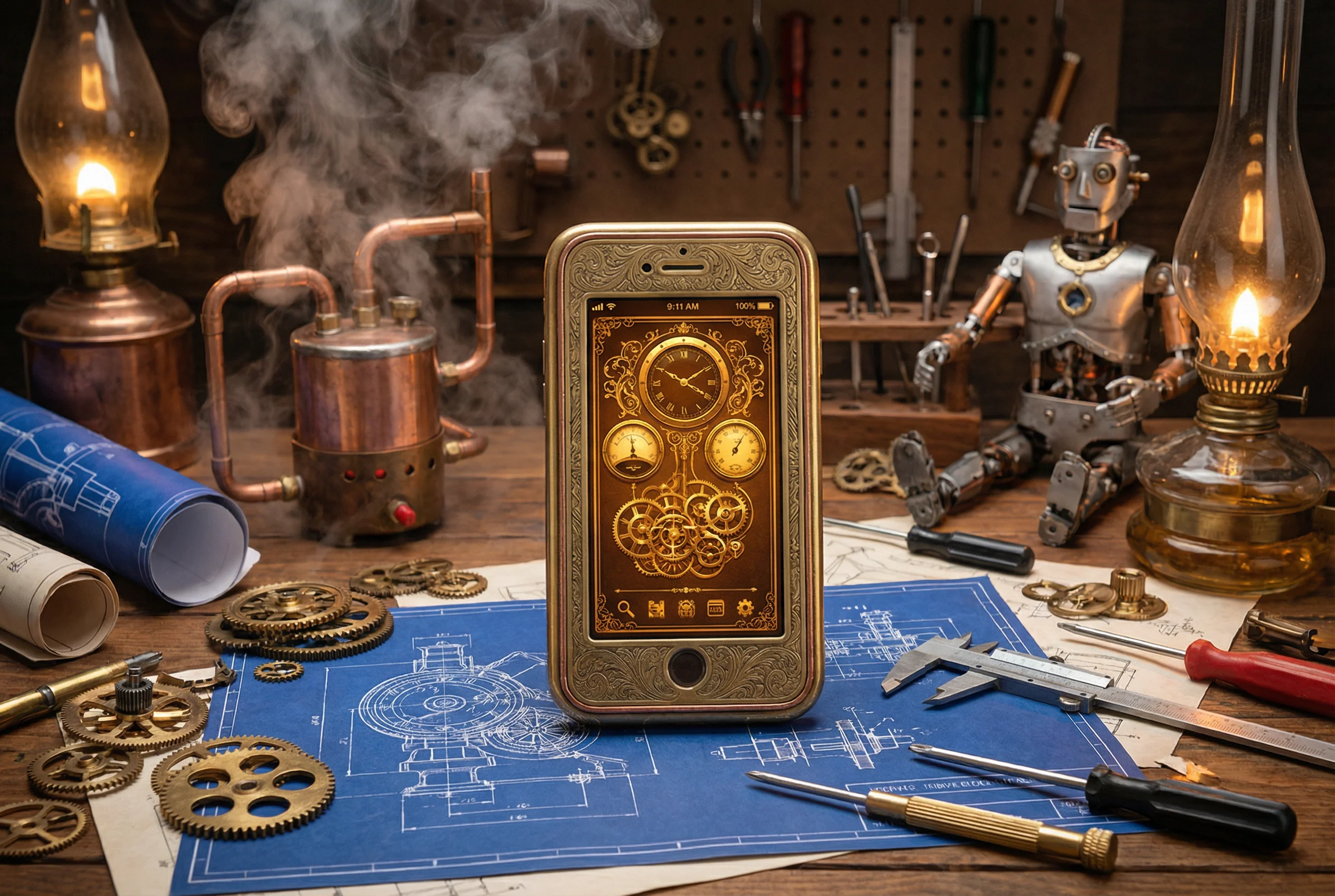 蒸汽朋克工作台上的黄铜移动设备展示APP界面 - 玩物社区 应用下载